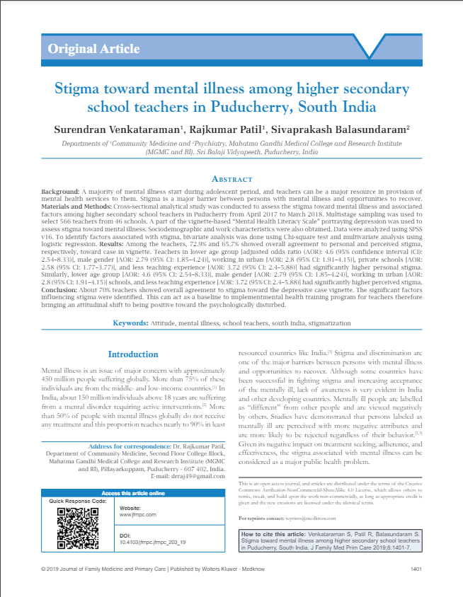 Stigma toward mental illness among higher secondary school teachers in Puducherry, South India.png