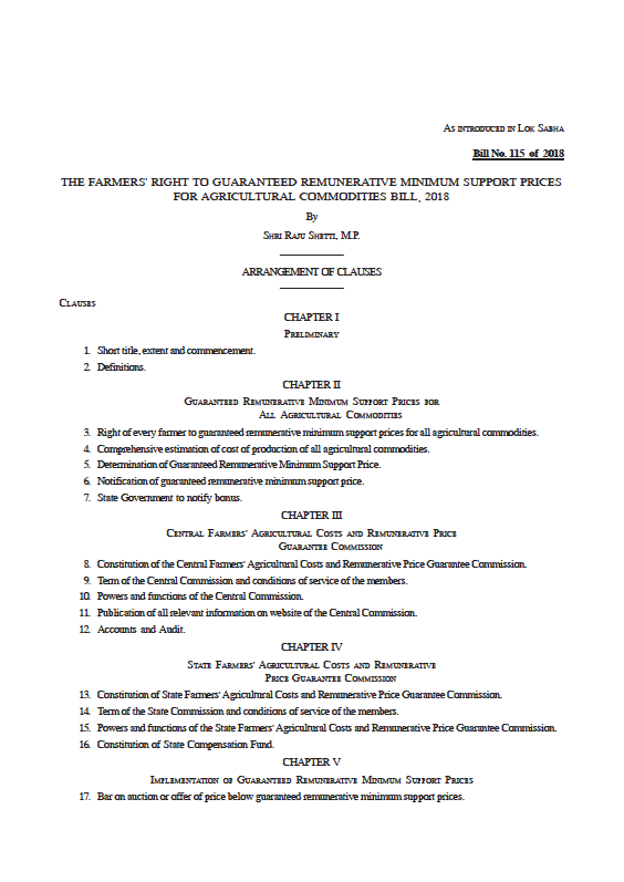 The Farmers’ Right to Guaranteed Remunerative Minimum Support Prices for Agricultural Commodities Bill, 2018